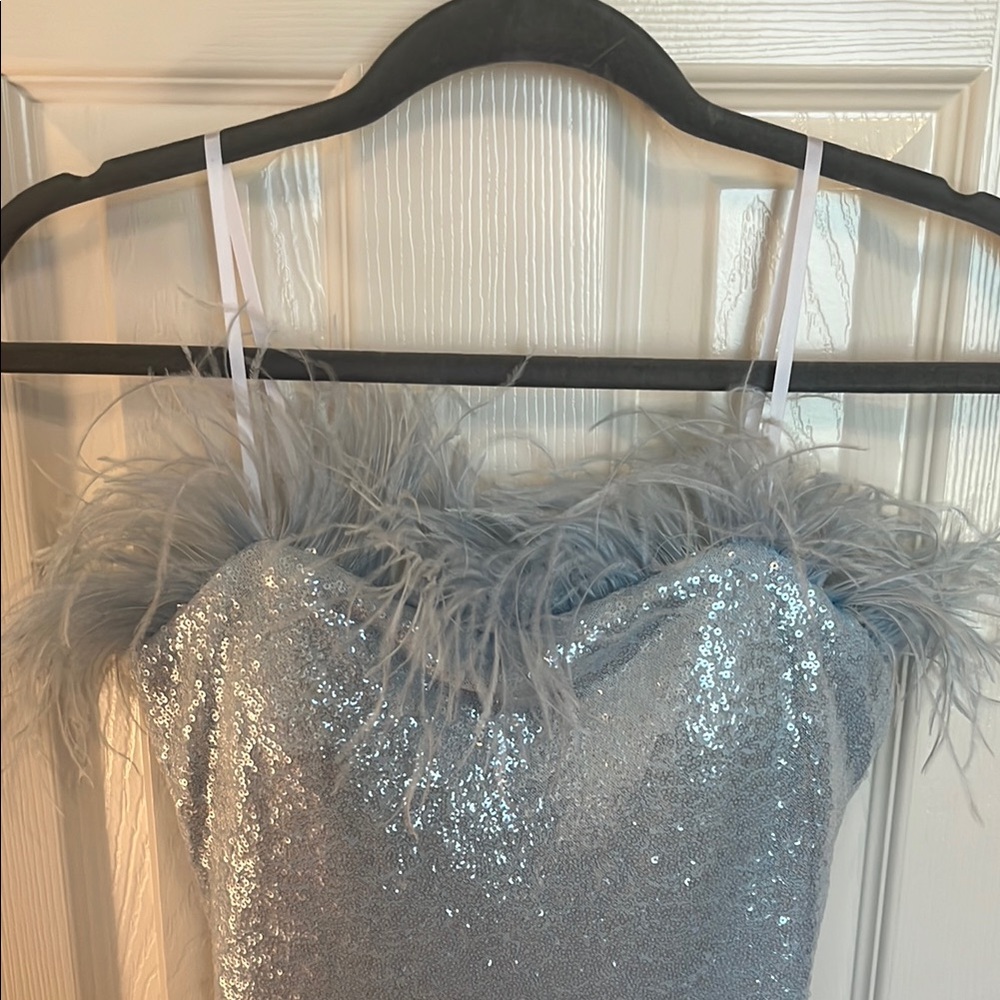 NWT B. Darlin Blue Sequin Feather Cocktail Dress - Picture 4 of 11